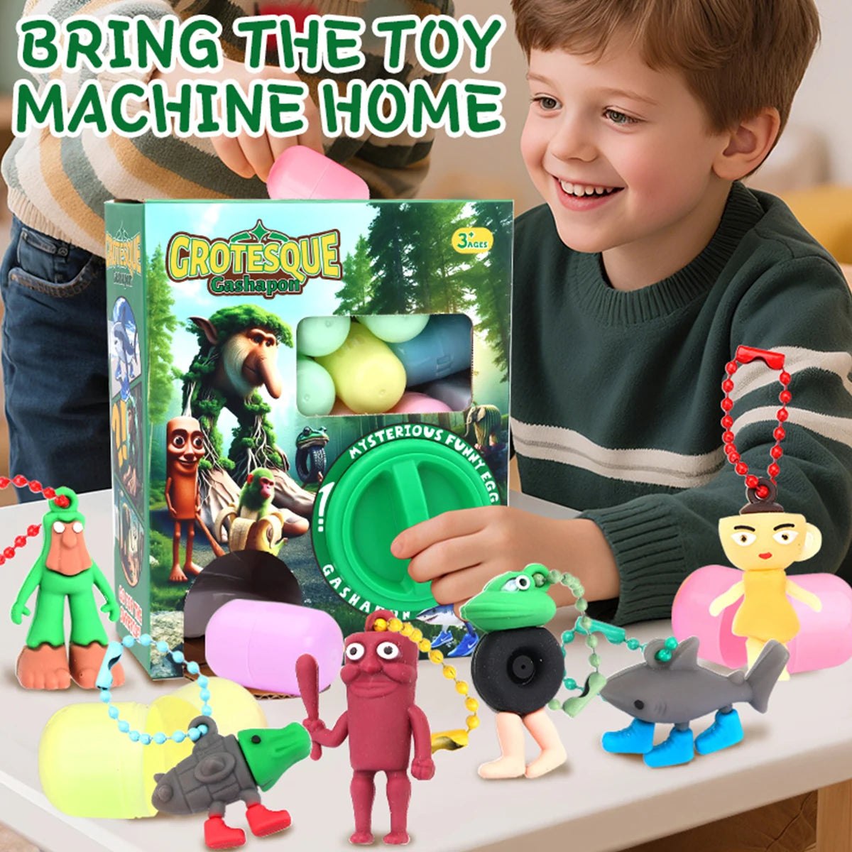 Child playing with toy figures and Grotesque toy machine packaging on a table.