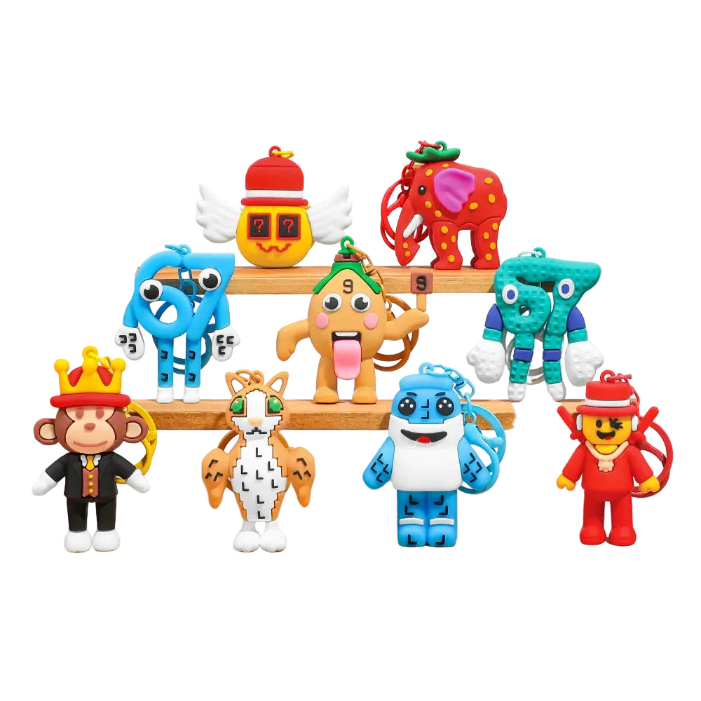 Colorful toy figures on a wooden shelf against a white background